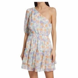 WAYF Womens One Shoulder Floral Tiered Mini Dress Size L New